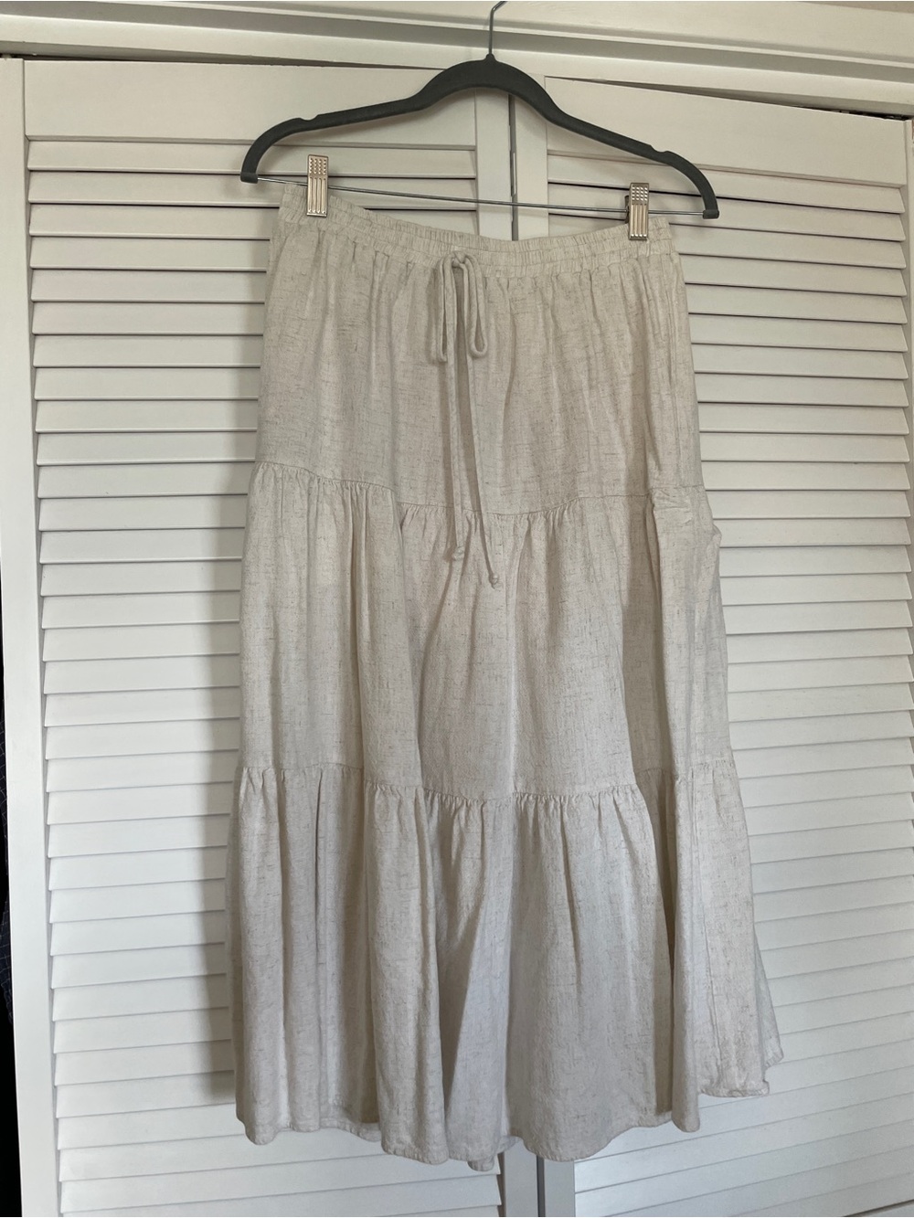 Light Beige Tiered Midi Skirt with Drawstring Waist
